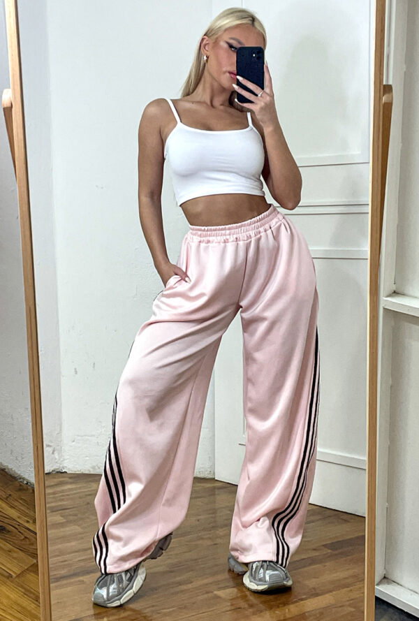Γυναικεία Wide Leg Φόρμα Ροζ με Ρίγες