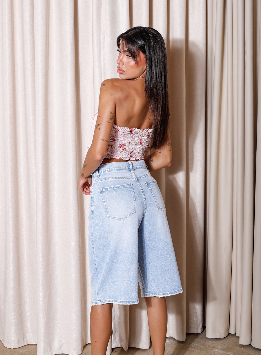 _MG_9174 Ροζ Φλοράλ Στράπλες Crop Top με Σφηκοφωλιά - Image 2